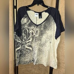 Harley Davidson Women's Black and Cream Graphic Top With Star Embellishments 1W